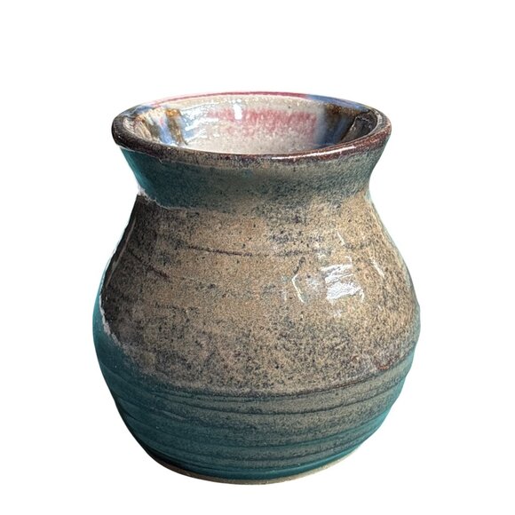 VTG Stoneware Vase With Blues Pink Natural Glaze Handcrafted Signed - Picture 2 of 7